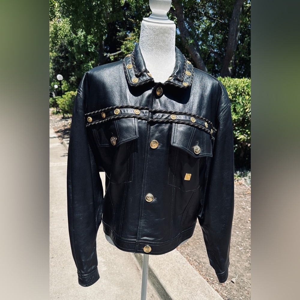 MCM Jacket Bomber Biker look Leather Black Vintage Luxury Gold Tone Large